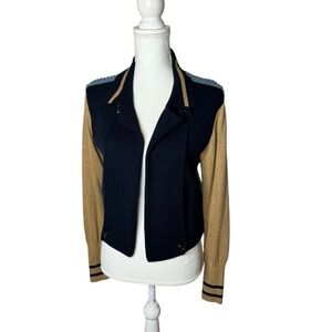 CAbi Turn Back Cardigan Sweater #3703 Varsity Navy Tan Medium